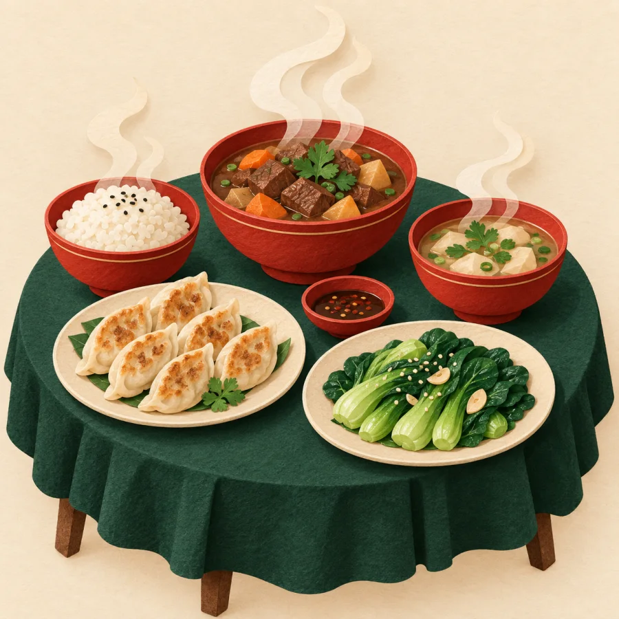 A table covered with steaming dishes