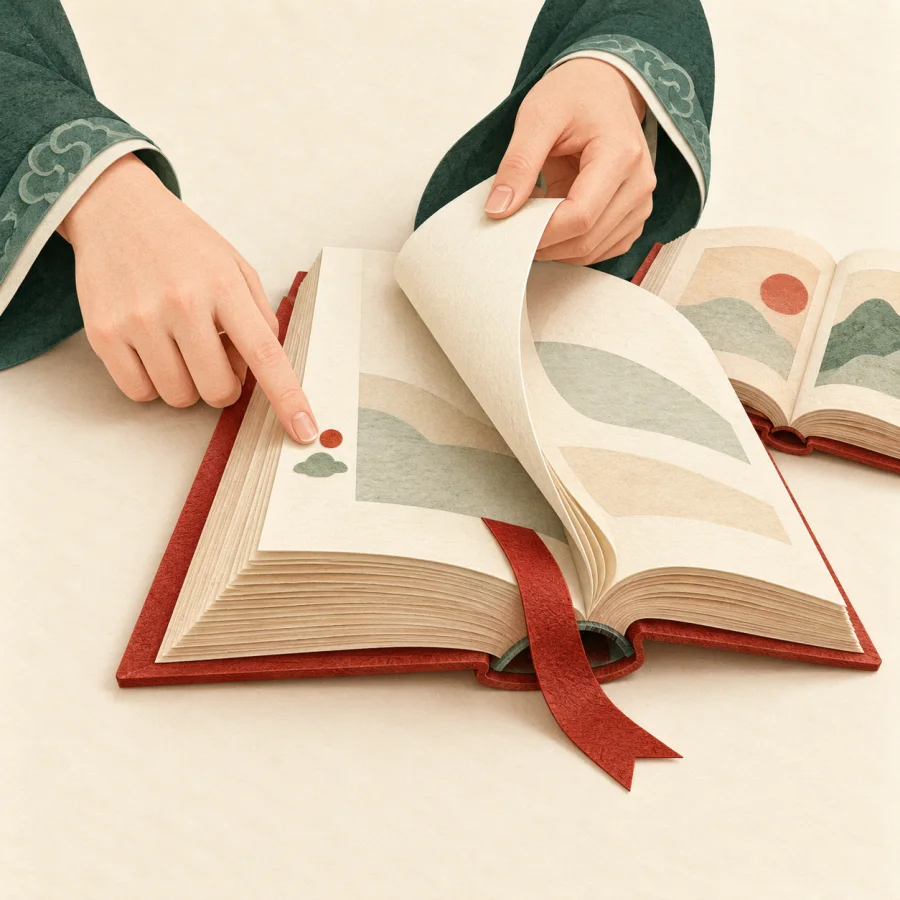 A finger points to a note in an open book