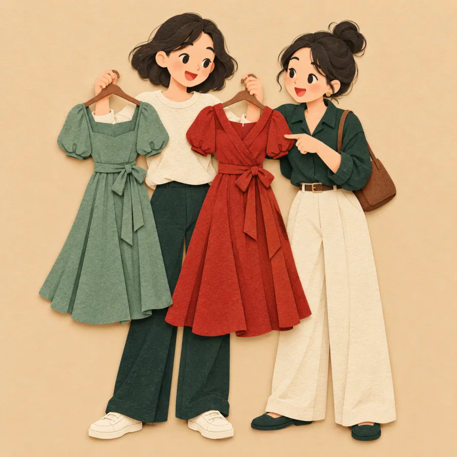 A friend points at one of two dresses