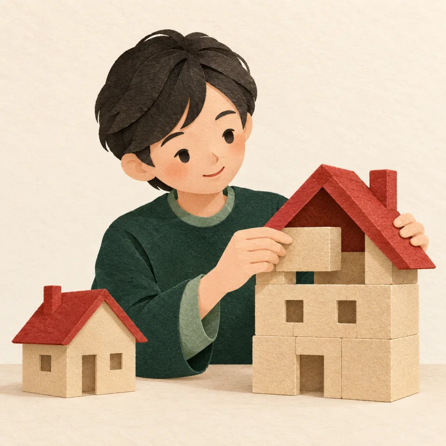A person builds a house from blocks by a small model