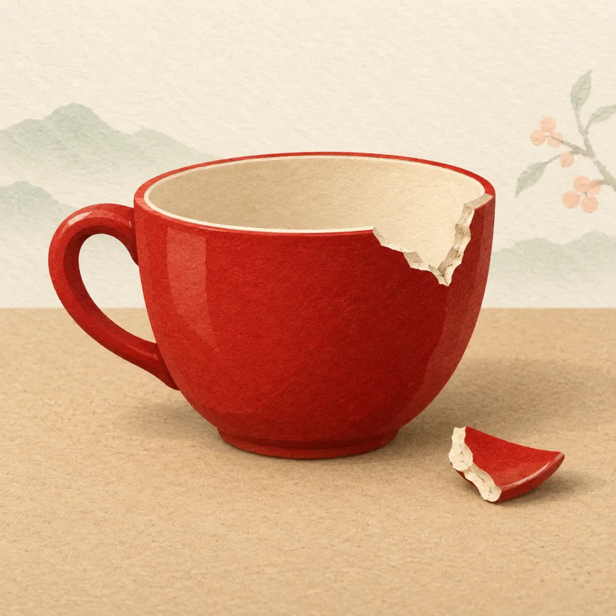 A teacup with a chipped rim and a broken piece beside it