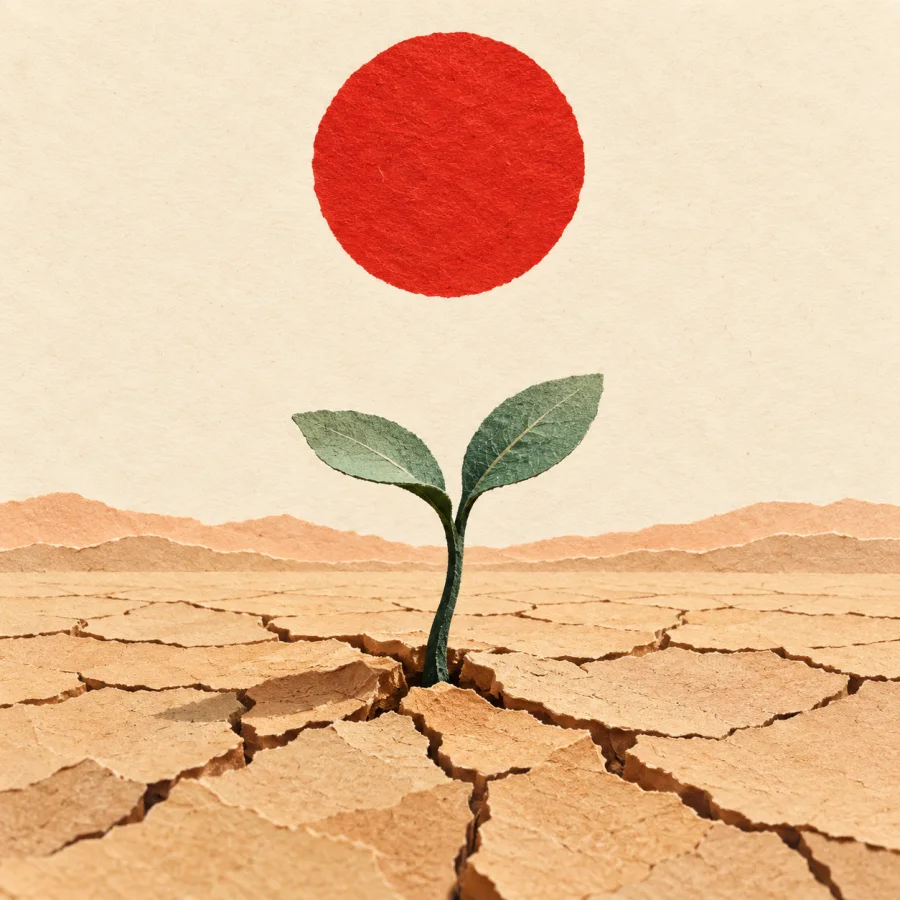 A small sprout in cracked sand under a fierce sun