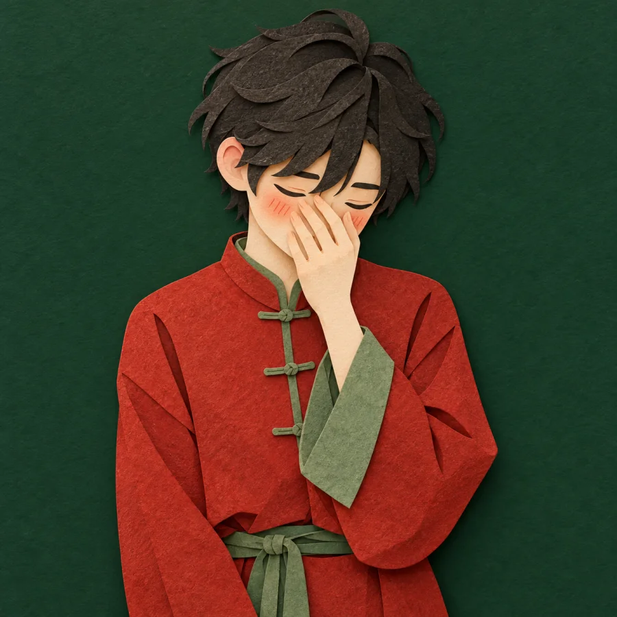 A person with a lowered head and blushing cheeks