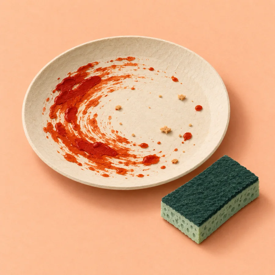 A plate with leftover sauce and crumbs beside a sponge