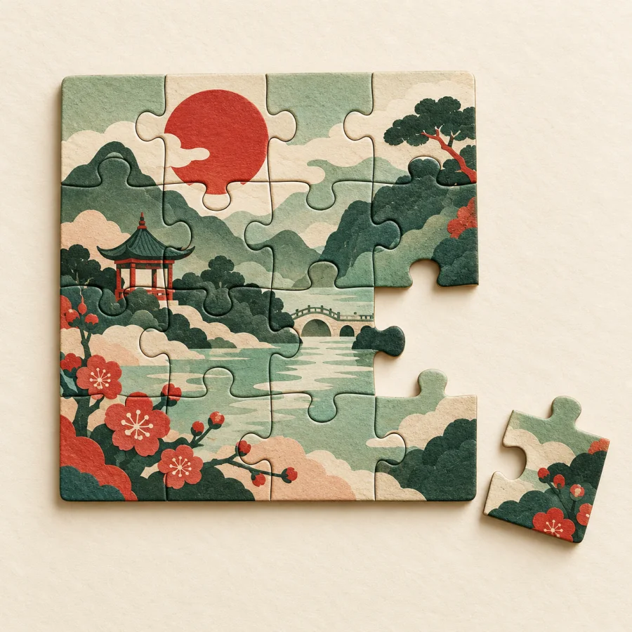 A jigsaw puzzle with one missing piece