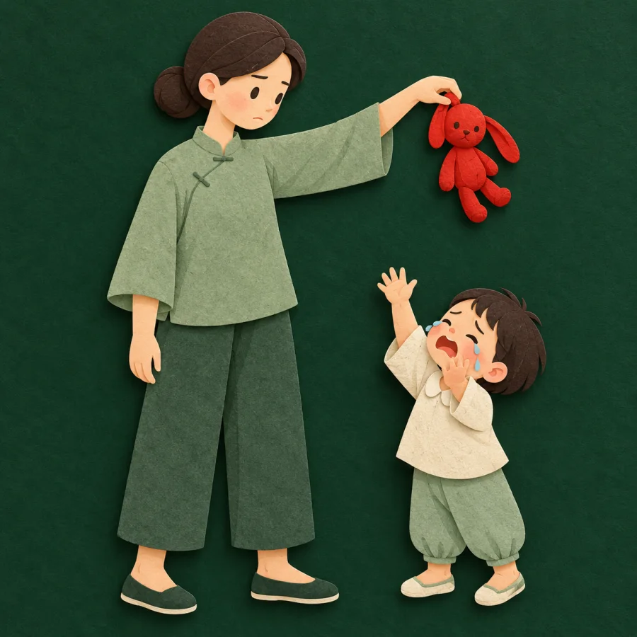 A large figure takes a toy from a crying small child