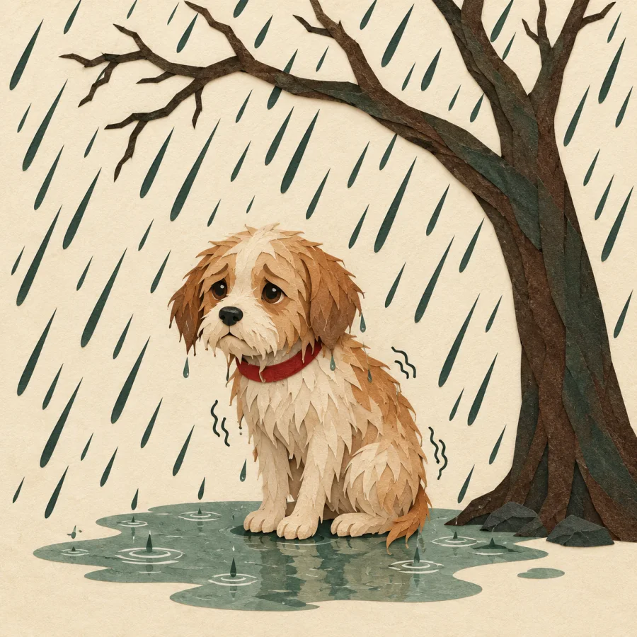 A soaked puppy shivers under a bare tree