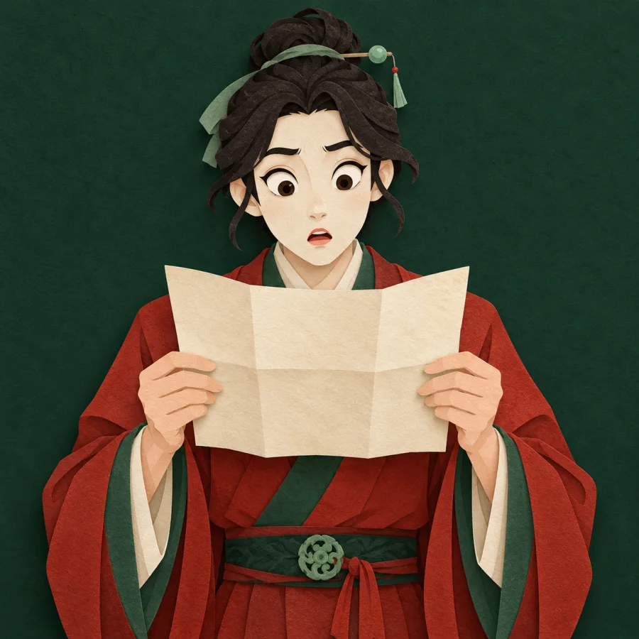 A startled person with a chalk-white face holds a letter