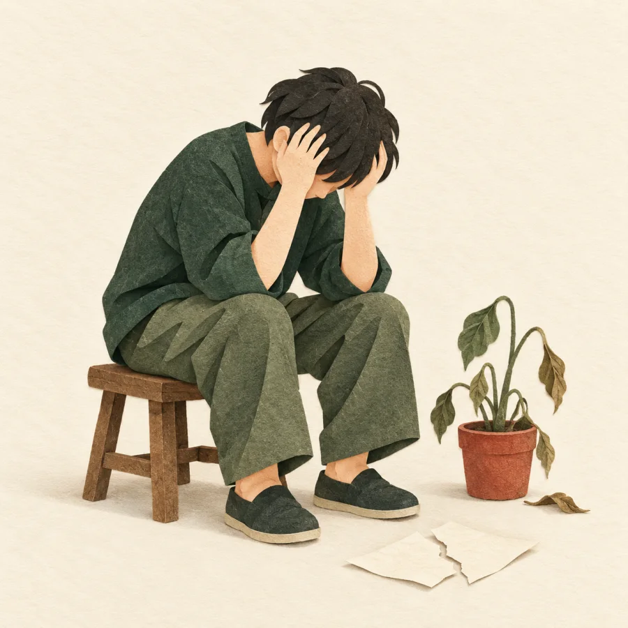 A person sits with head in hands beside a wilted plant