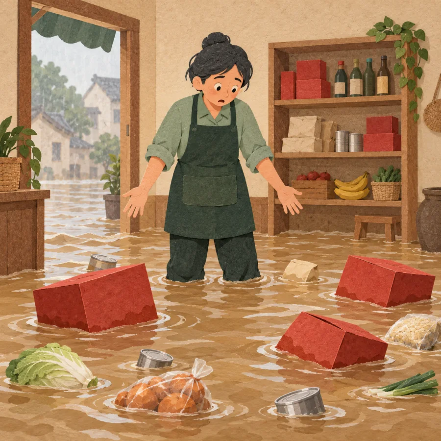A shopkeeper looks at a flooded shop with floating goods