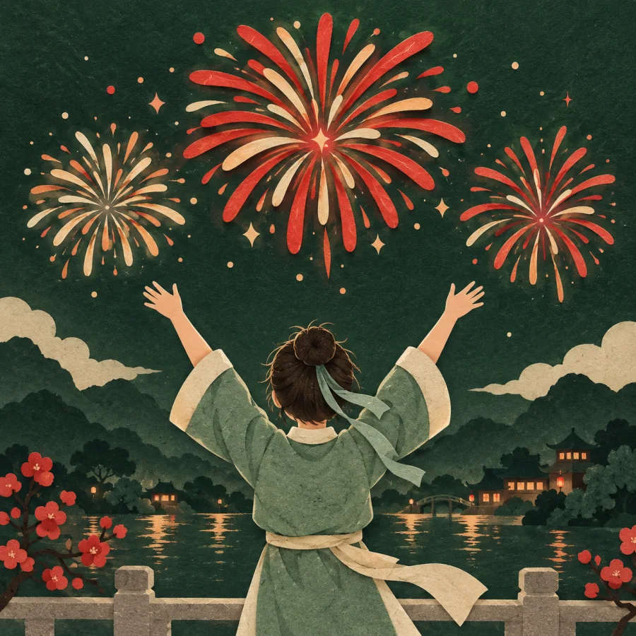 A person cheers at fireworks over a dark sky