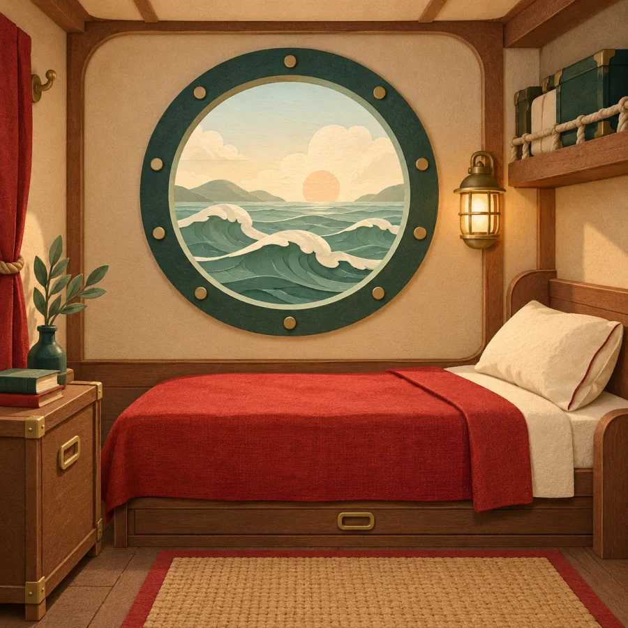 A cozy ship cabin with a round porthole and a bunk