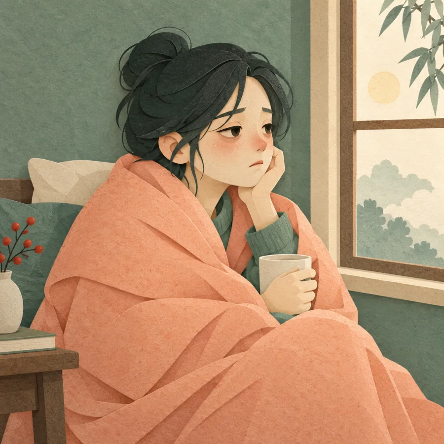 A pale sick person wrapped in a blanket by a window