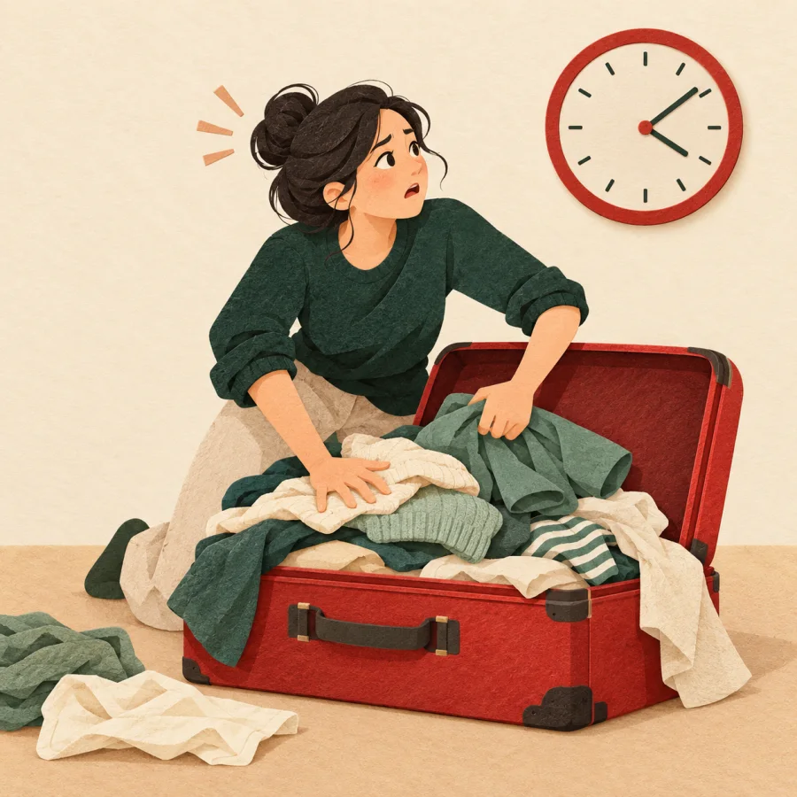 A person hurriedly stuffs clothes into an overfull suitcase