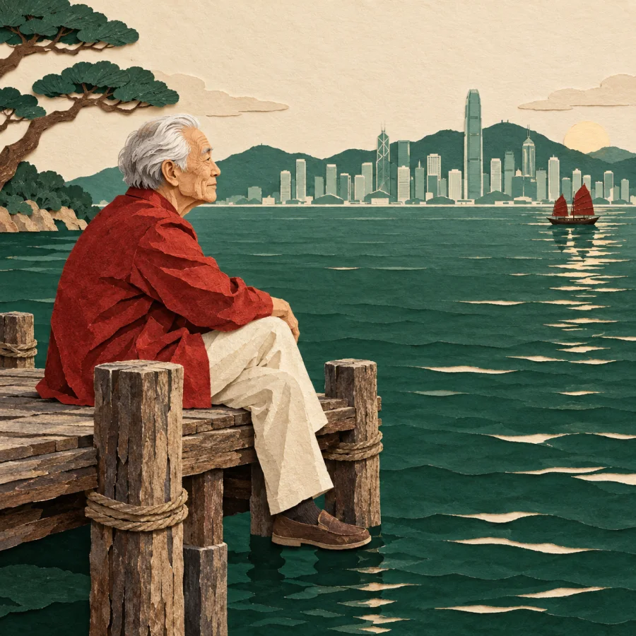 An old person on a pier looks at a distant skyline