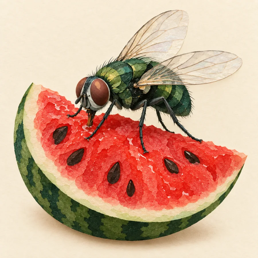 A large fly sits on a slice of watermelon