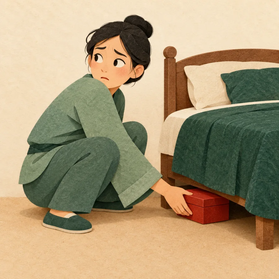 A person pushes a box under a bed
