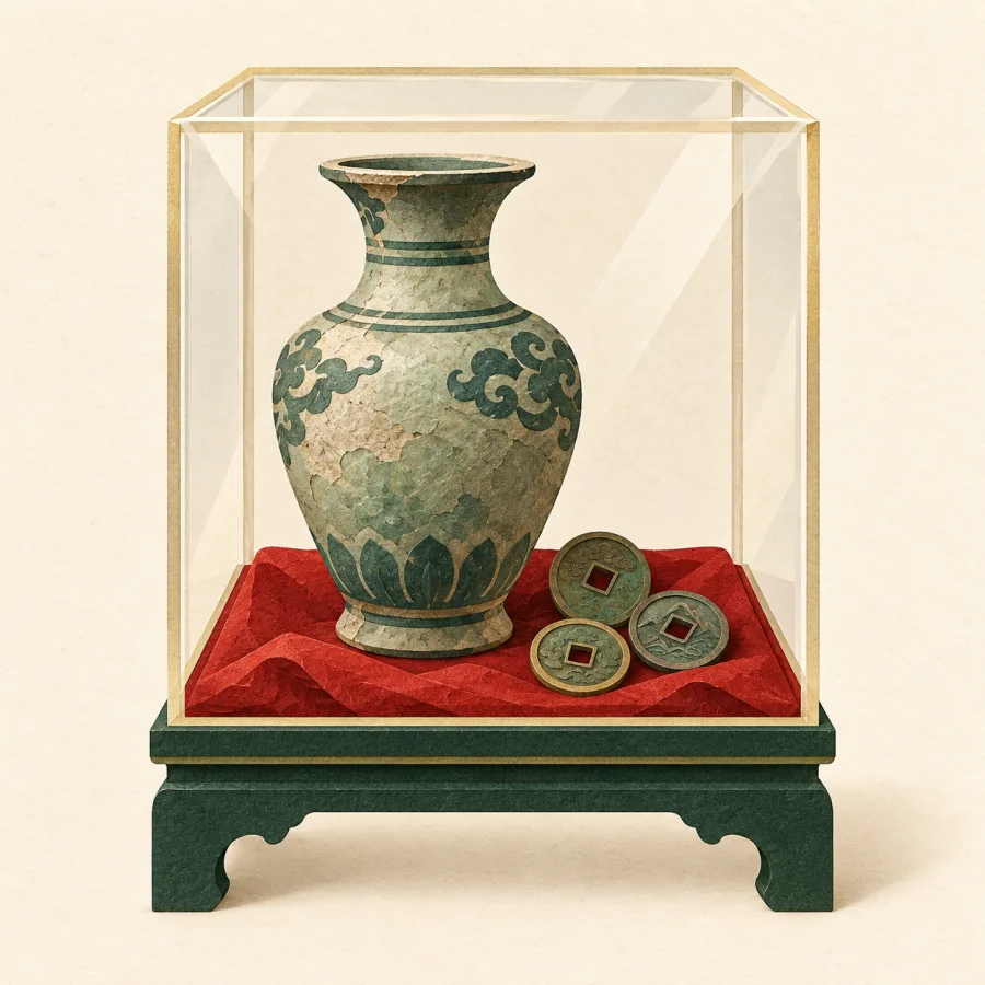 A vase and coins inside a glass display case