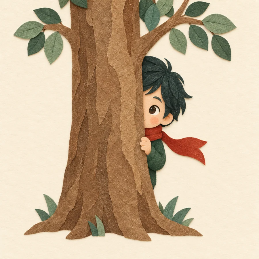 A child peeks out from behind a big tree