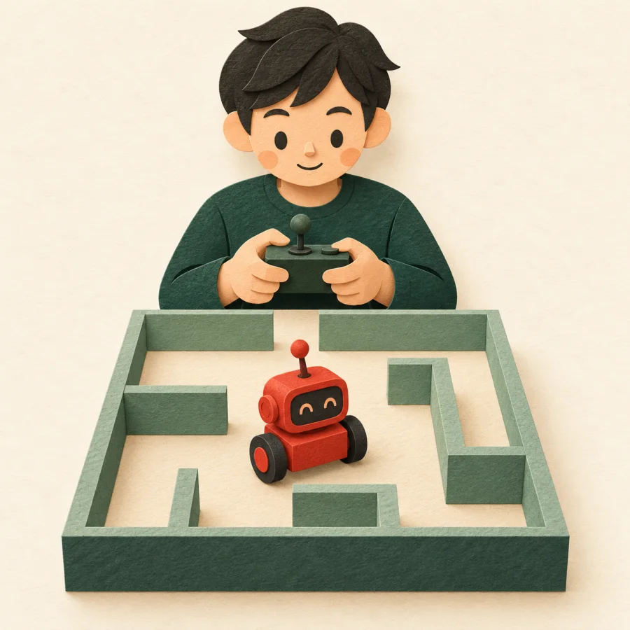 A person steers a small robot through a maze with a remote