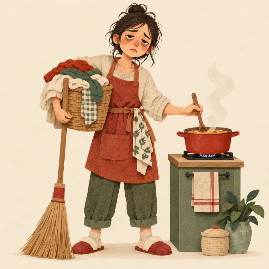 A tired person carries laundry, stirs a pot and sweeps