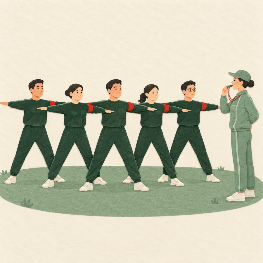A row of people exercising in sync on a field