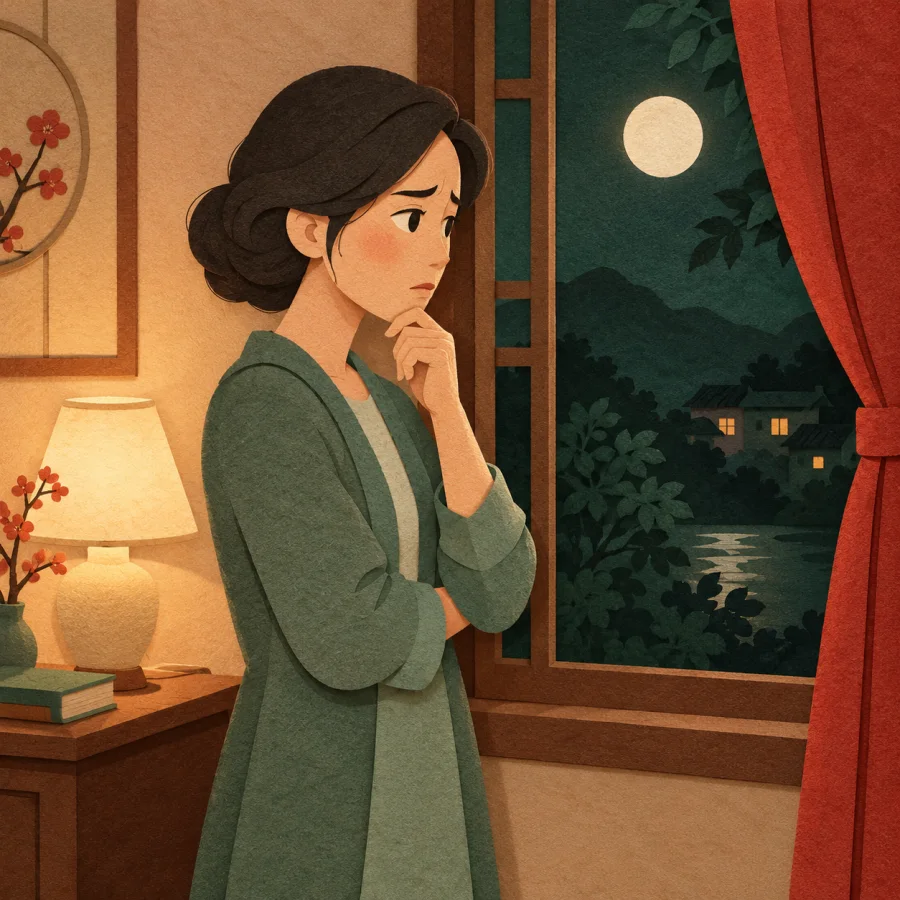 A worried parent stands at a window at night