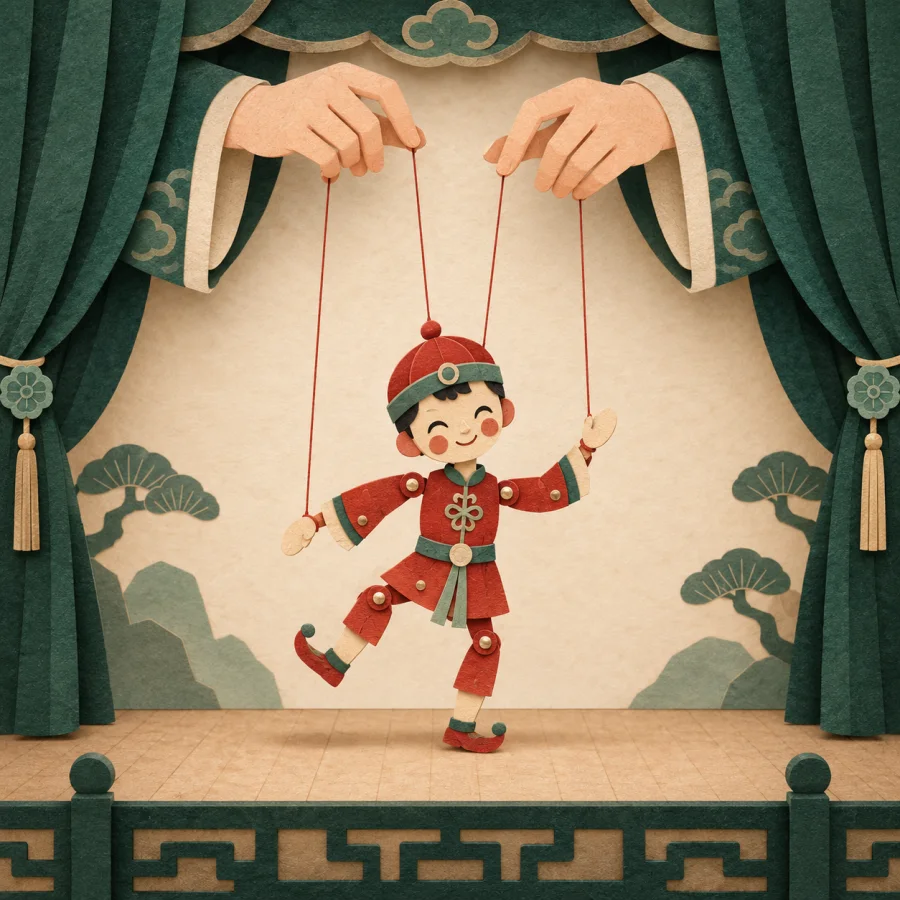 A puppeteer's hands hold strings above a puppet