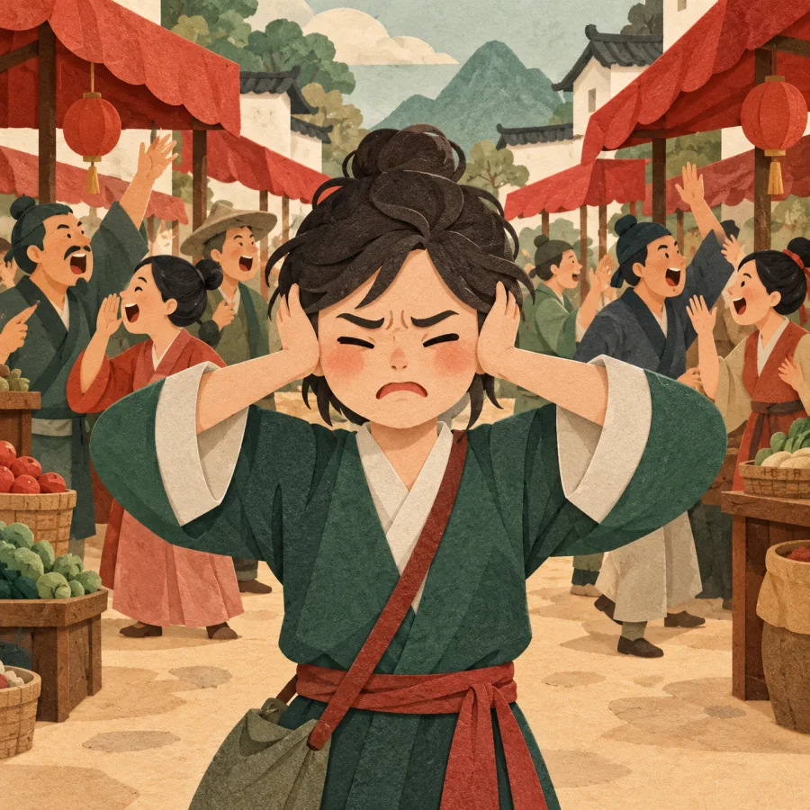 A person covers their ears in a noisy market