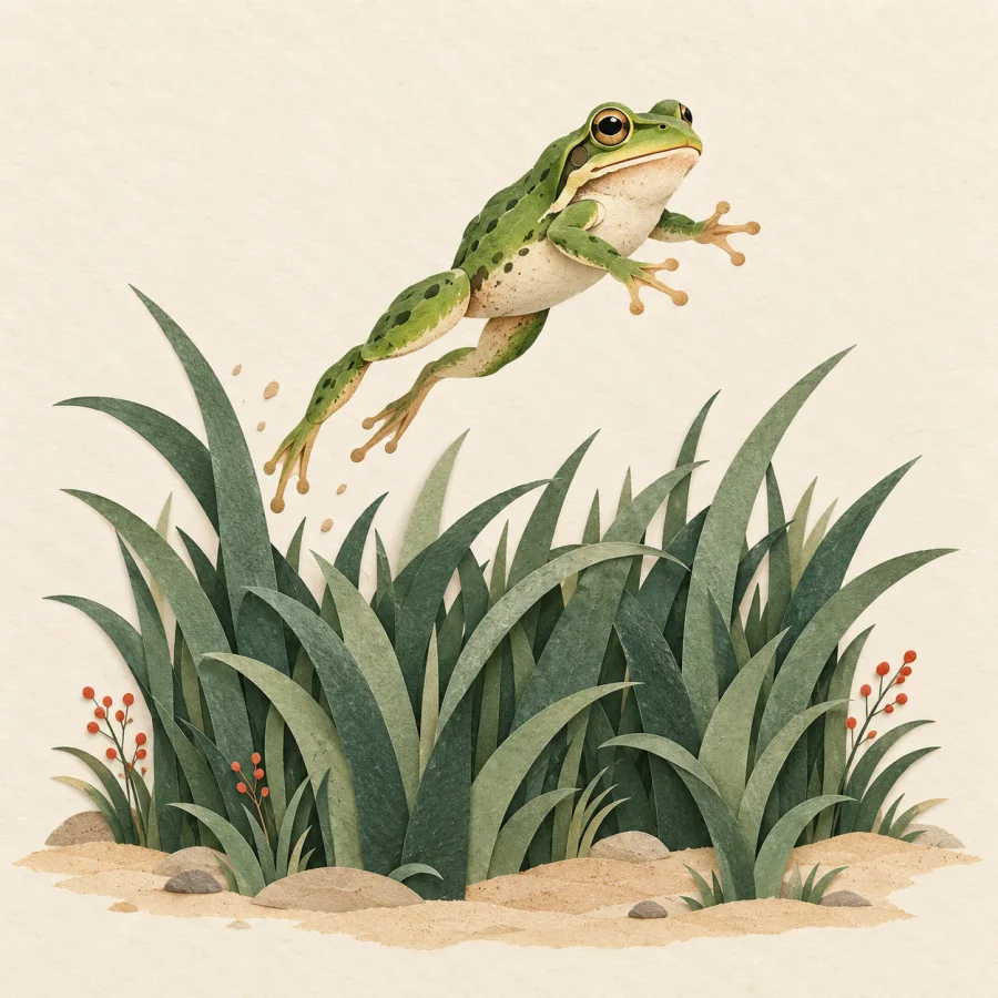 A frog jumps out of a clump of tall grass