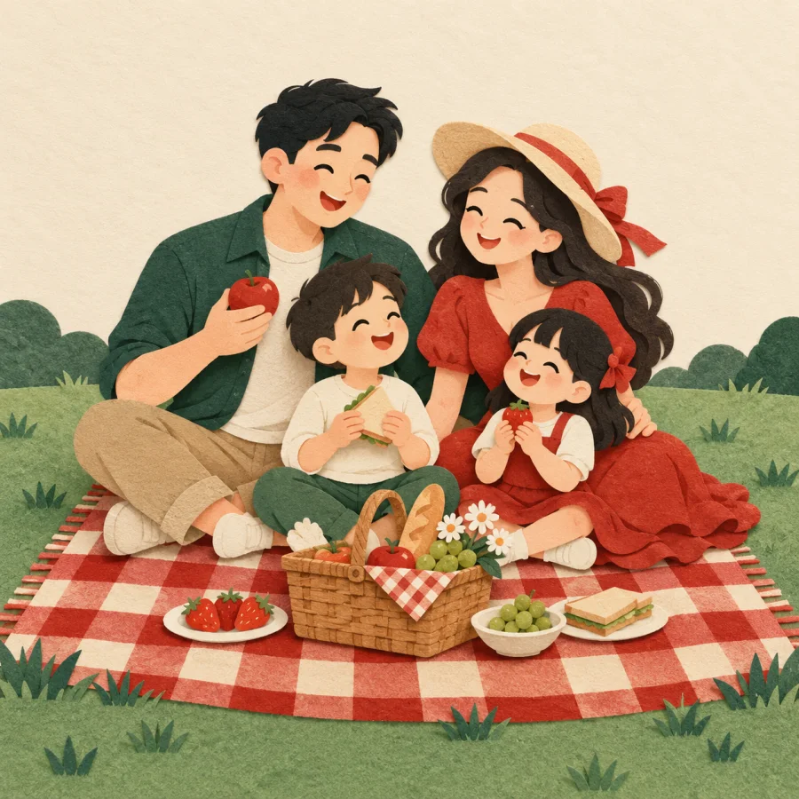 A family picnics on a neat green lawn