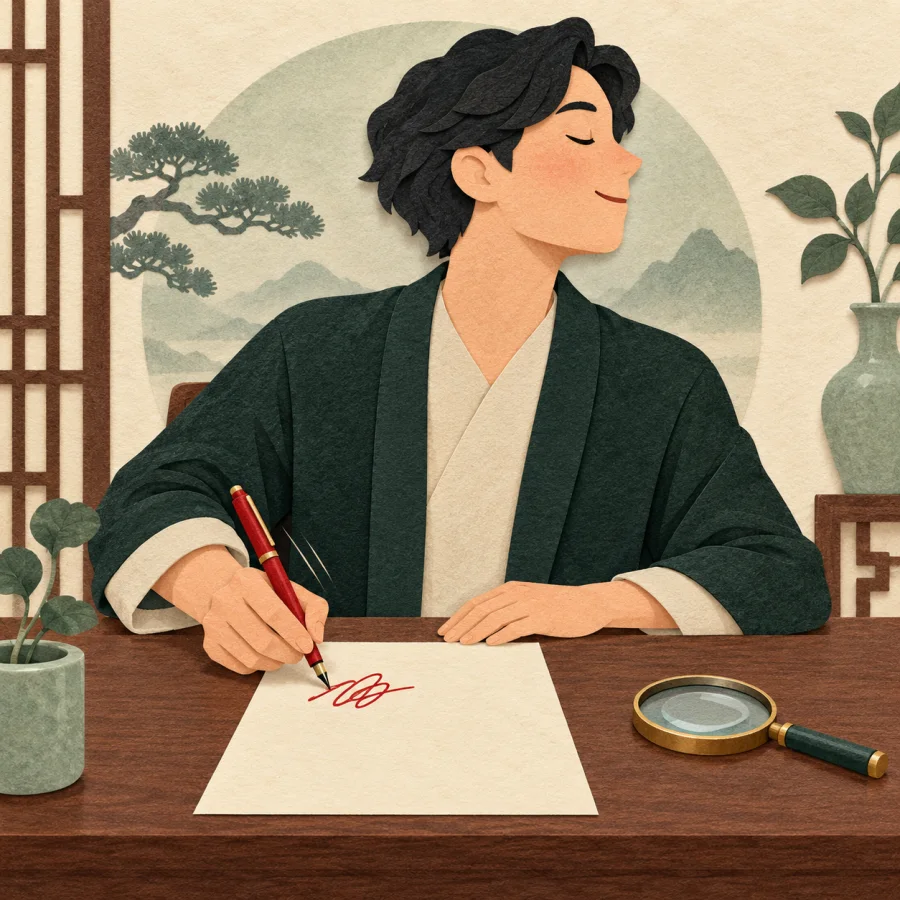 A person signs a paper without looking, a magnifying glass beside