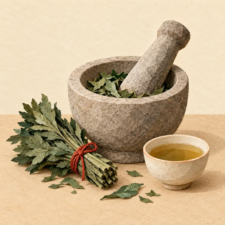 A mortar and pestle with dried herbs and a cup