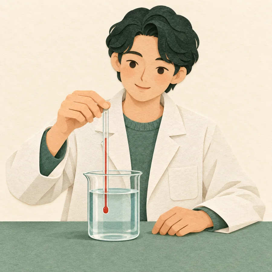 A person in a lab coat dips a thermometer into a beaker