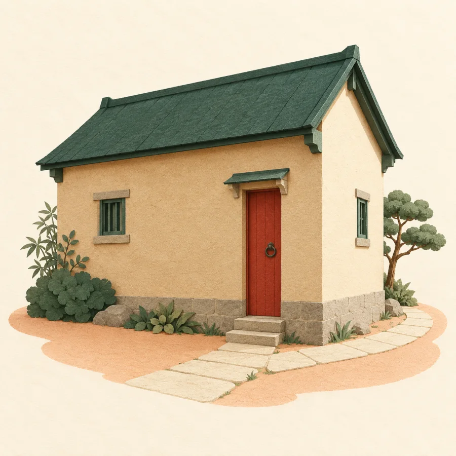 A small house seen from the side with a narrow door