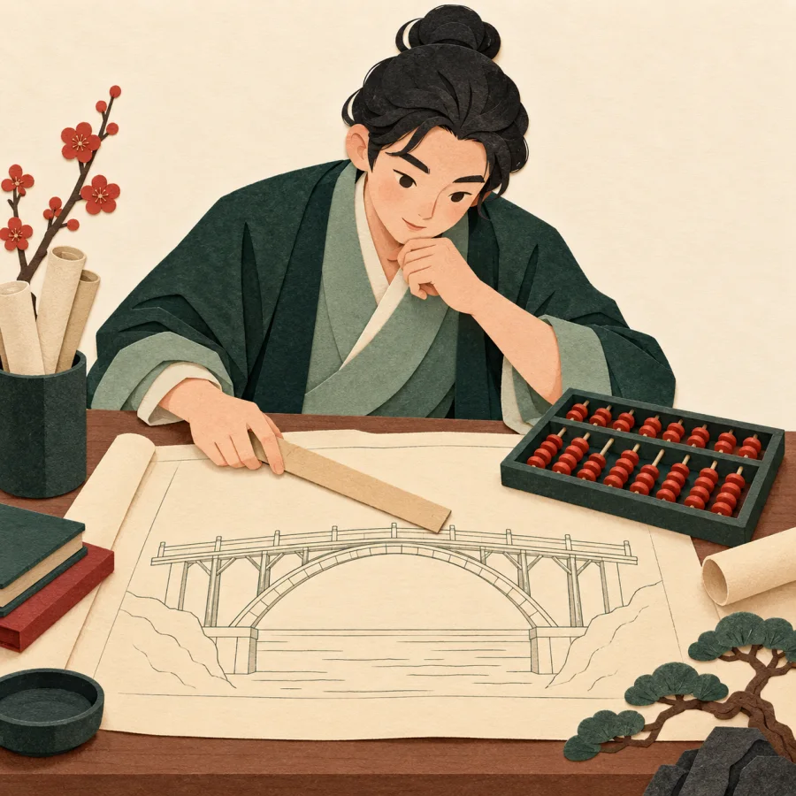 A person with a ruler and abacus over a bridge blueprint