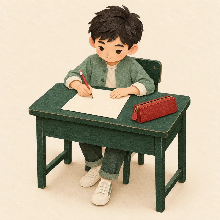 A student writes on a sheet of paper at a desk