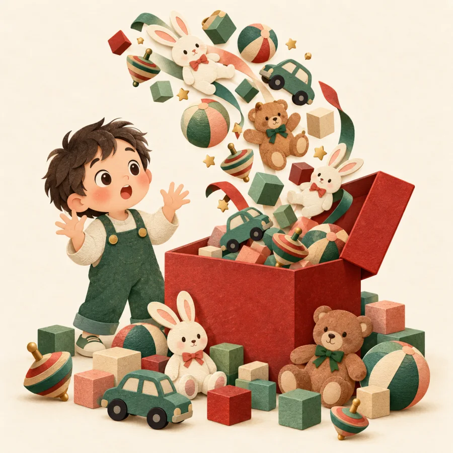 Toys keep pouring out of a box in front of a child