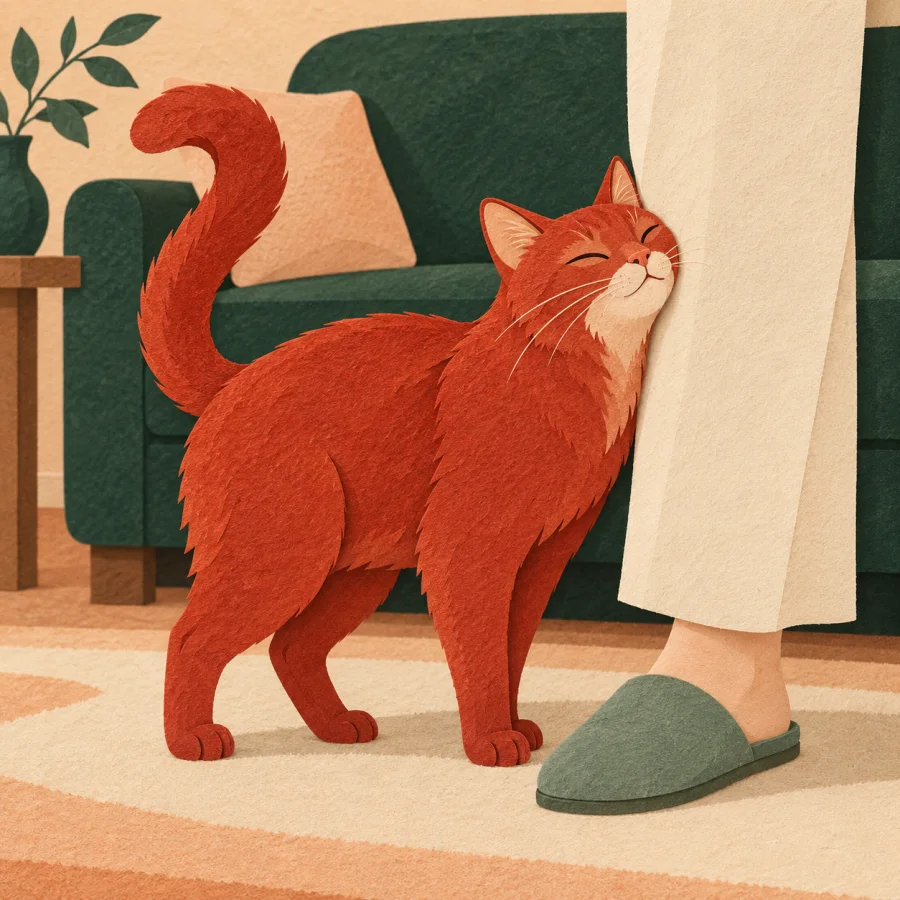 A cat rubs its head against a person's leg