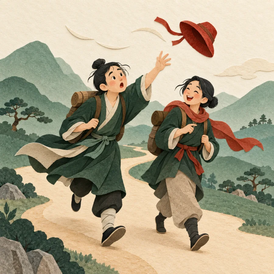 Wind blows away a traveller's hat as a companion laughs