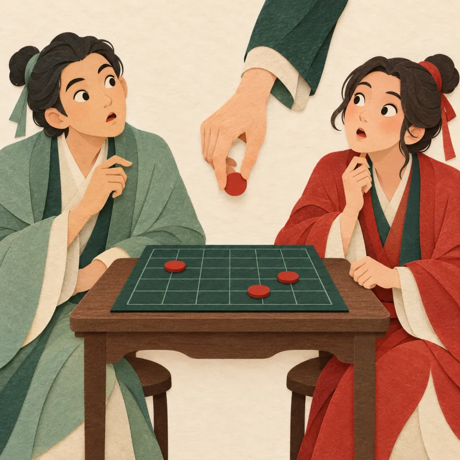 A hand reaches onto a game board as two players look up