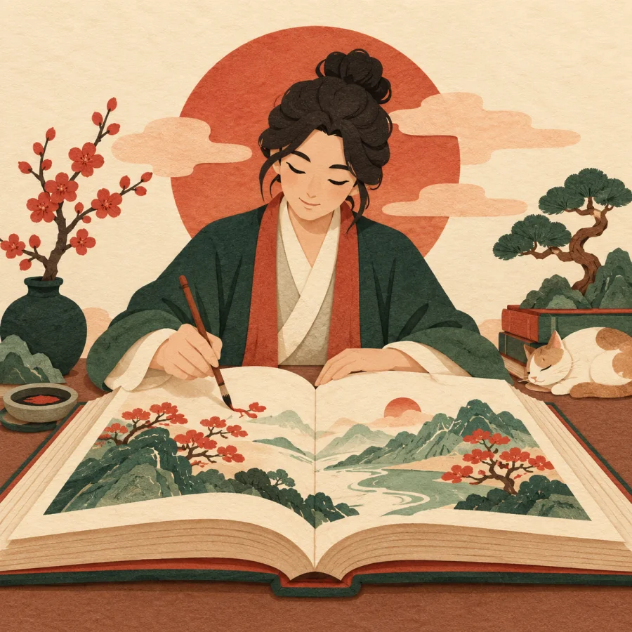 An artist paints a picture on a page of an open book