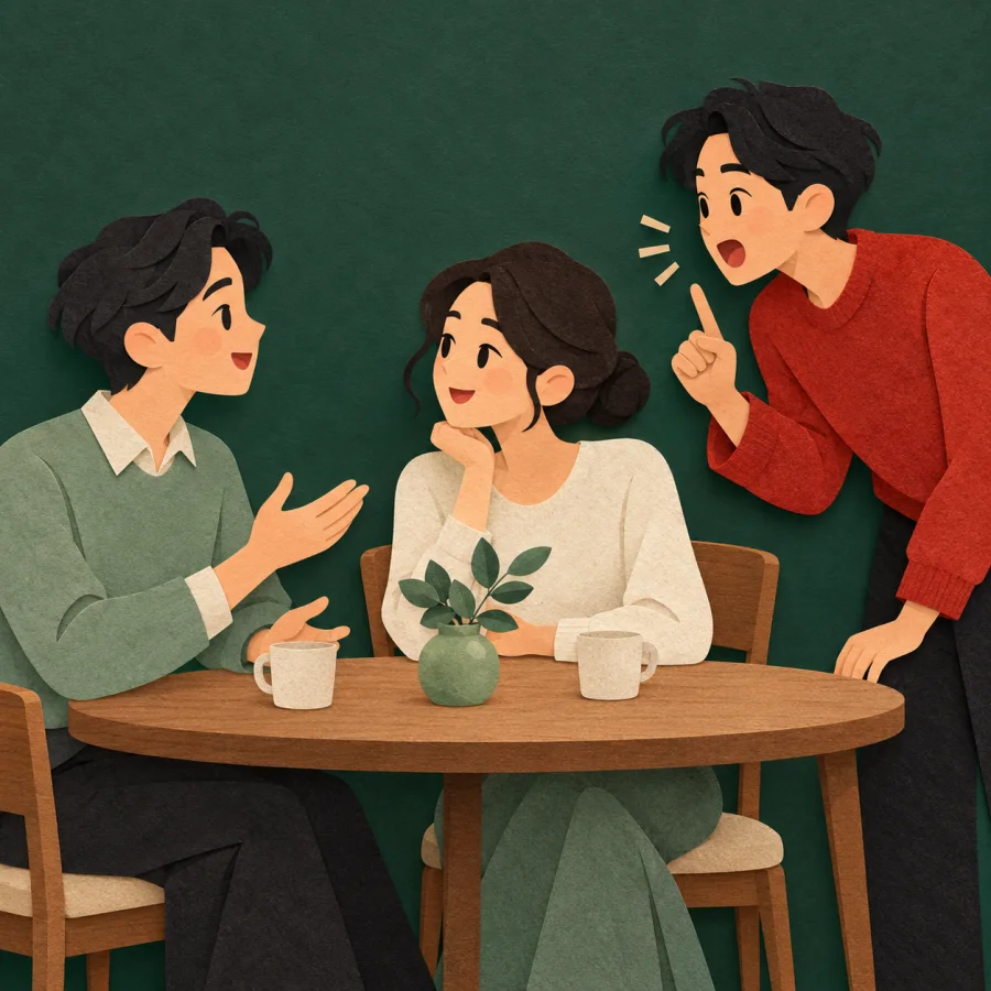 Two people talk while a third raises a finger to interrupt