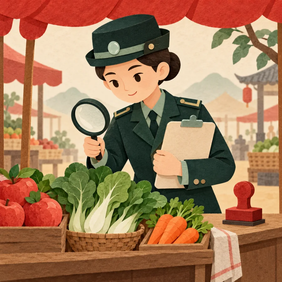 An inspector with a clipboard and magnifying glass at a stall