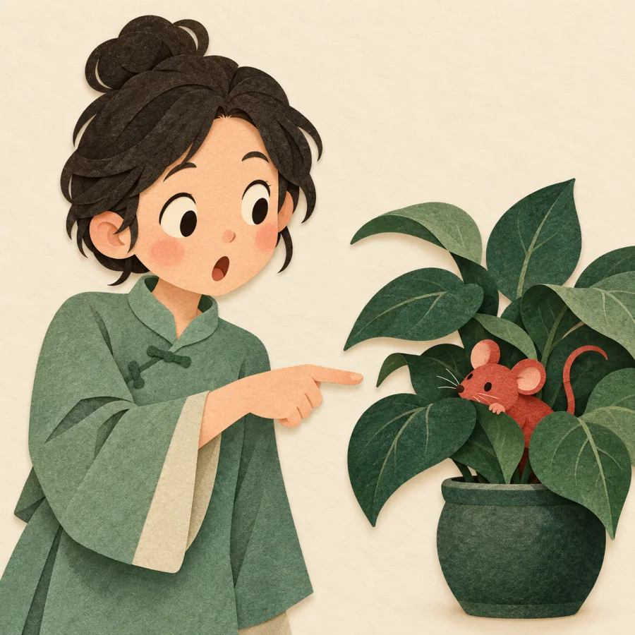 A person notices a mouse hiding behind a plant