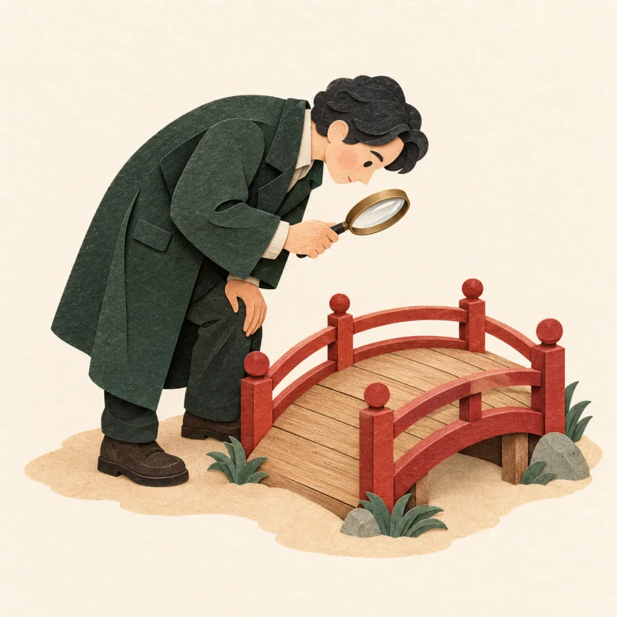 A person examines a small bridge with a magnifying glass