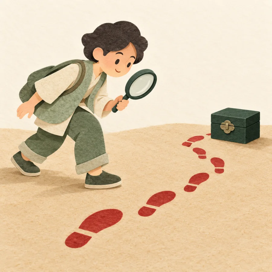 A person with a magnifying glass follows red footprints to a box