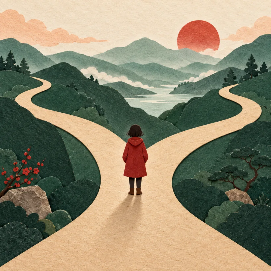 A person stands at a fork in a sandy road