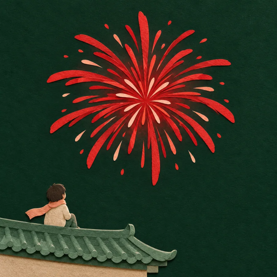 A red firework bursts in a dark night sky