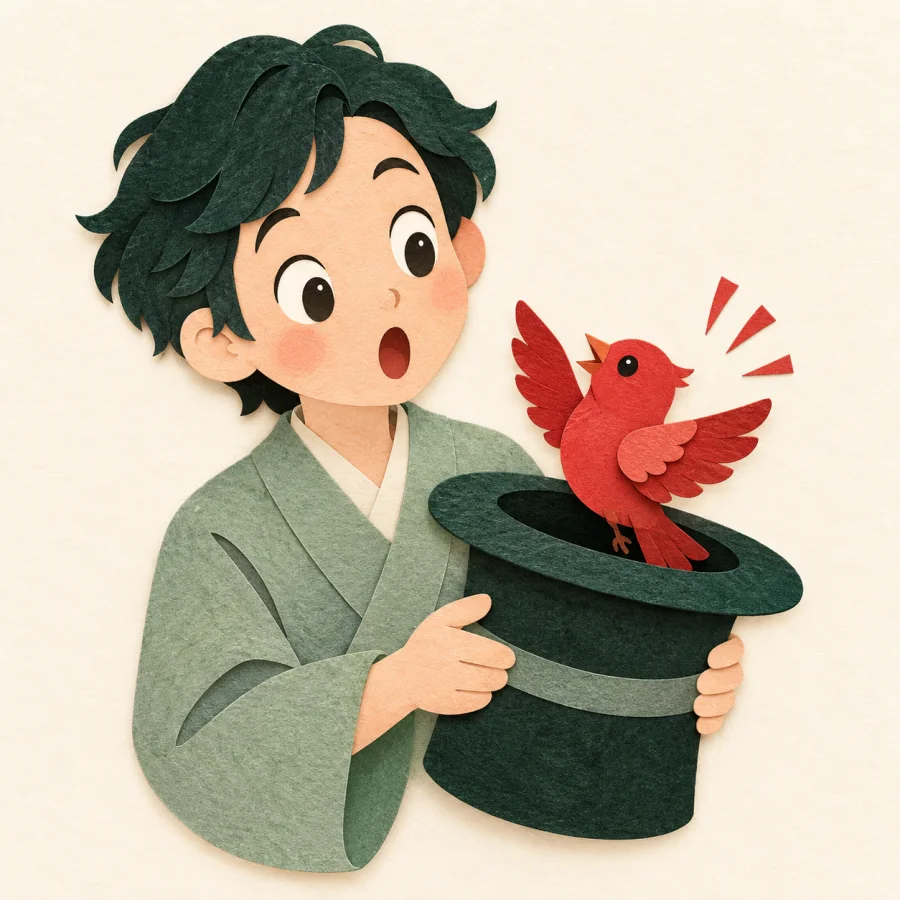 A wide-eyed person stares at a bird popping out of a hat